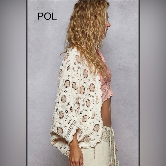 BP219-1🤍🤎NEW! POL pretty cream+tan/blush crochet open sweater perfect transition - Picture 4 of 8